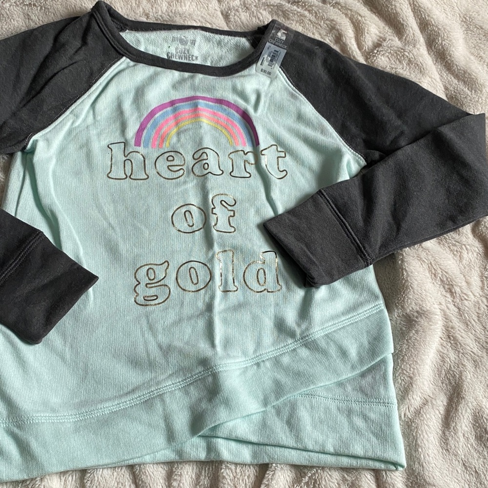 🆕 Girls Mint and Dark Gray Long Sleeve Cozy Crewneck - “Heart of Gold”